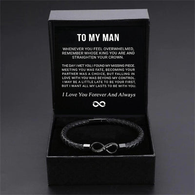 8-word Stainless Steel Black Handmade Leather Men's Bracelet