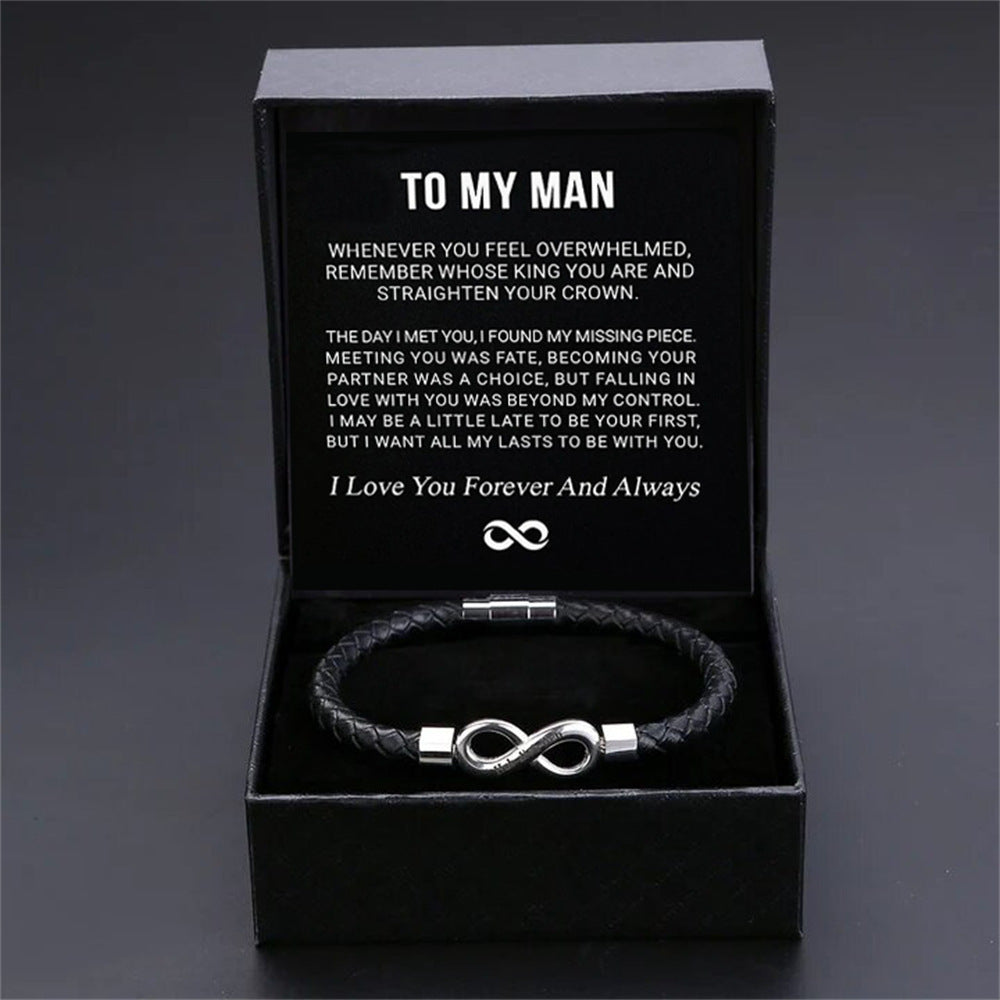 8-word Stainless Steel Black Handmade Leather Men's Bracelet