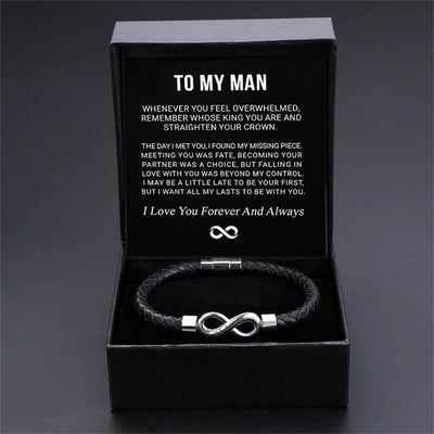 8-word Stainless Steel Black Handmade Leather Men's Bracelet