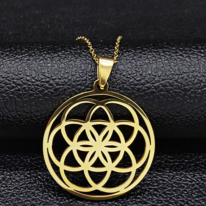 Hollow Circle Ring Pendant Flower Of Life Sacred Geometric Clavicle Chain Necklace